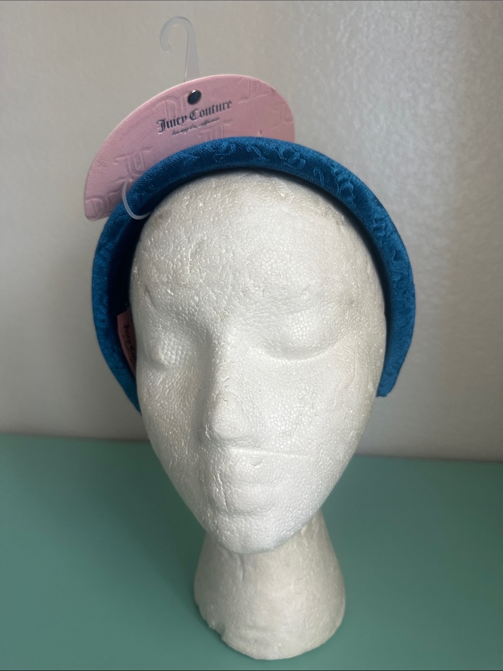 Juicy Couture Blue Velour Embossed Headband featuring a padded logo design-new
